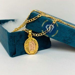 Virgen de Guadalupe Pendant Necklace 20" / Diamond Cut Guadalupe Pendant/ Gold F